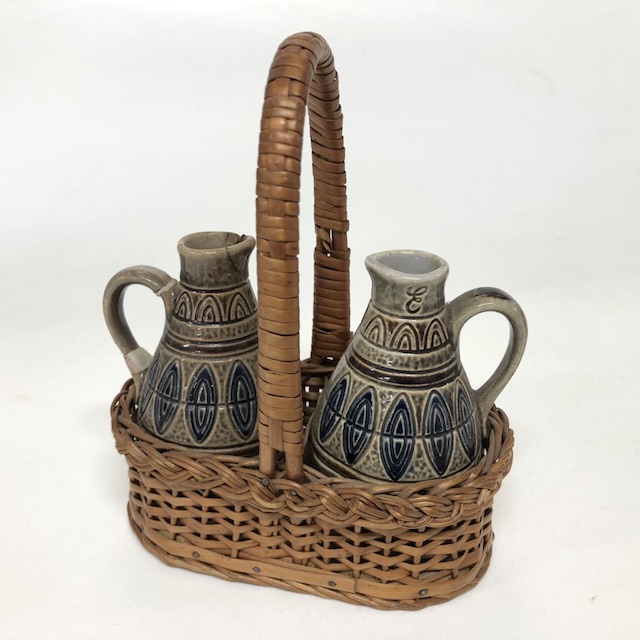 CONDIMENT SET, 1950s Brown Blue Jugs in Basket